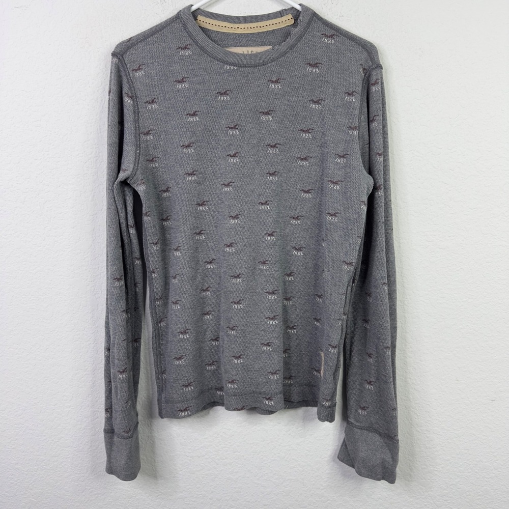 Hollister Shirt S Gray All Over Bird Print Thermal Waffle Knit Mallcore‎ Casual